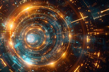 Fototapeta premium Particle accelerators use bending magnets to manipulate the path of charged particles in a futuristic setting.