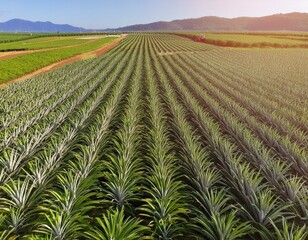 Ananasplantage auf Feld - Bio Ananasfeld - Anansaspflanzen mit Frucht - Ananas