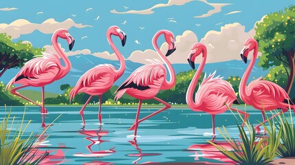 Flamingos by the water in a serene colorful landscape