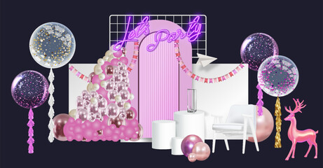 Photo zone for a birthday or a party. A banner for social networks with cute balloons.