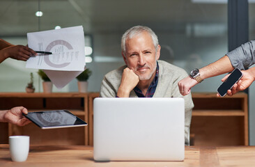 Fototapeta premium Portrait, mature and businessman with laptop, deadlines and employees submit more work. Documents, tablet and manager in multitasking, staff and office or busy, reports and project or smiling