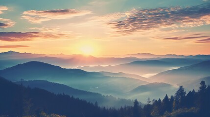 A panoramic view of the bright sunrise over the mountains. Cross-processed retro effect on filtered image