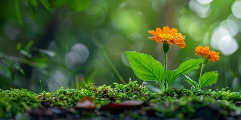 Close up of a marigold flower in the forest.