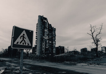 destroyed and burned houses in the city Russia Ukraine war