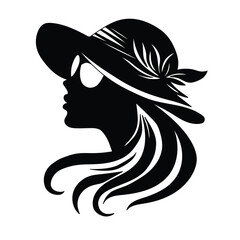 Vector illustration of  woman's face silhouette with hat and glasses on separate white background