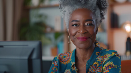 A woman with a big smile on her face is sitting in front of a computer. She is wearing a colorful shirt. a 60 year old attractive black woman typing on desktop computer with a smile at home