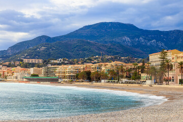 Beach of Mediterranean sea in Menton, French Riviera, France