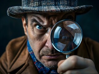 Detective Examining Clues Through a Magnifying Glass with Skepticism and Intensity