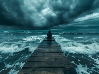 Solitary Figure on Pier Watching Ominous Storm Roll In Over Turbulent Seascape