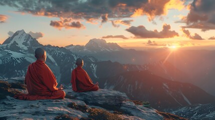 Obraz premium Tibetan Monks Meditating at Sunrise on a Himalayan Mountaintop Spiritual Practices and Enlightenment Concept with Copy Space