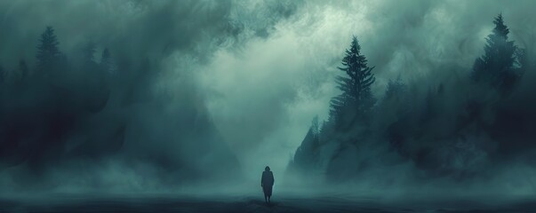 Solitary Figure Walks Into Ominous Forest Under Dark Gathering Clouds Evoking Dread and Human Emotions Concept with Copy Space