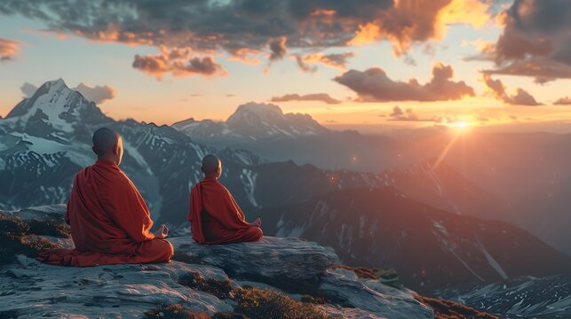 Tibetan Monks Meditating at Sunrise on a Himalayan Mountaintop Spiritual Practices and Enlightenment Concept with Copy Space