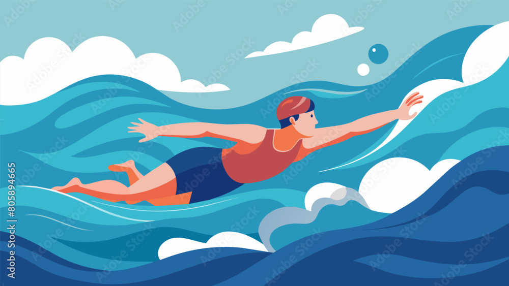 Poster a tranquil swimmer floating blissfully in a turbulent ocean.. vector illustration