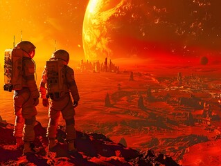 Astronauts Terraforming the Martian Landscape into a Green Oasis of Colonization and