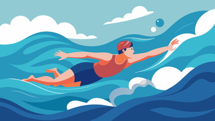 A tranquil swimmer floating blissfully in a turbulent ocean.. Vector illustration