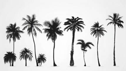 Vector image of silhouettes of palm trees, coconut trees. Black and white illustration.
