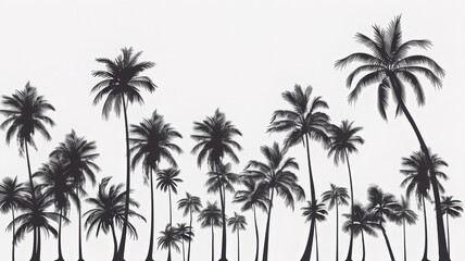 Vector image of silhouettes of palm trees, coconut trees. Black and white illustration.