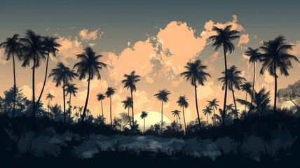 Illustration of palm trees, coconut trees. Color illustration. Palm Island. Vector graphics.