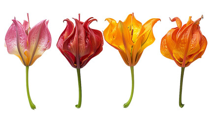 Gloriosa Lily Blooming in Vibrant Colors on Transparent Background - Beautiful botanical illustration of a tropical flower with vibrant red, yellow, and green petals on a clear backdrop, perfect for d