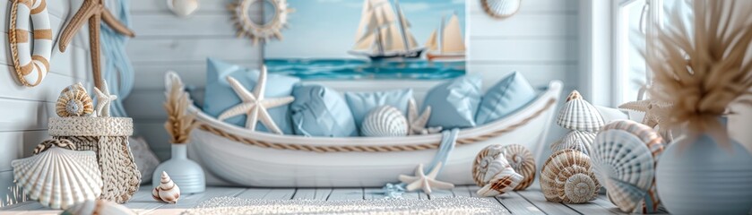 A white boat with blue pillows and a blue and white wall