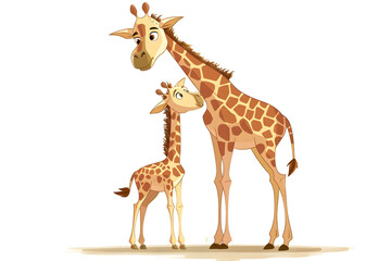  A giraffe mother and her baby standing side by side