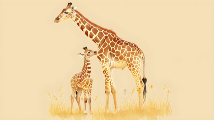 Obraz premium A giraffe mother and her baby standing side by side
