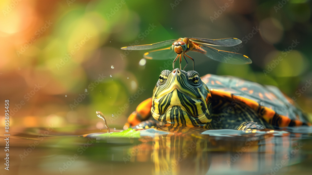 Poster a turtle is sitting in a pond with a dragonfly on its head. the scene is peaceful and serene, with t