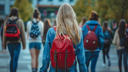 A group of students walking on the campus, one blonde girl with backpack is in focus. She has long hair, wearing jeans jacket and red backpack.