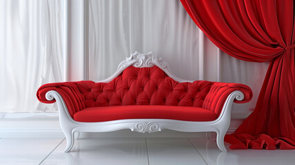 A red couch is sitting in front of a white curtain. The couch is the main focus of the image, and it is a luxurious piece of furniture. A red curtain white background furniture elegance