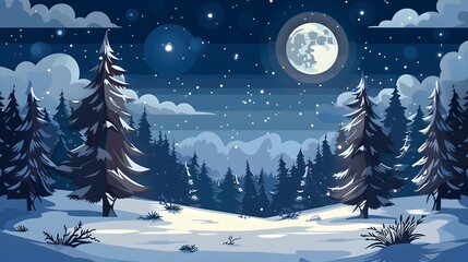 Moonlit snowy forest under a starry sky