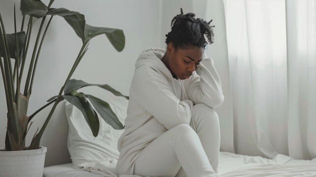 White bed bedroom vibes of black woman holding face in sadness depression miscarriage stillbirth mourning infant baby loss lady grief depressed mental womens health loneliness lonely stress anxiety