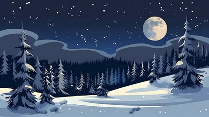 Moonlit winter night with snow covered pines