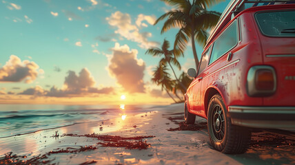 car parked on a tropical beach with a surfboard on the roof. Vacation in summer. On the Sunset.