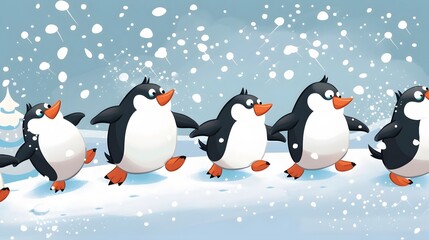 Penguins enjoying a playful snowball fight