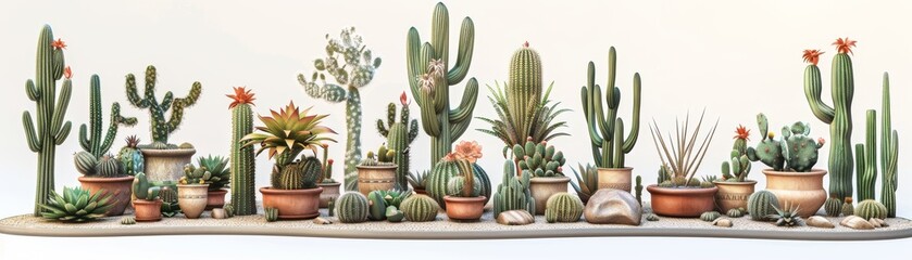 A row of cacti and other plants are arranged in pots and planters