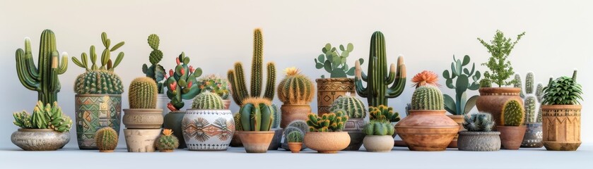 A row of potted cacti and succulents are lined up on a white background