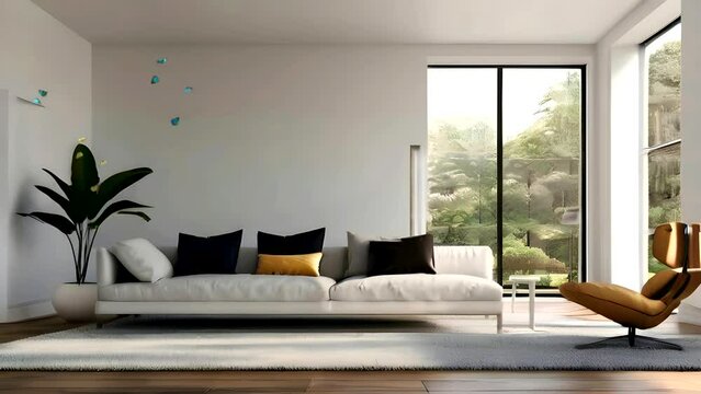 Interior of light living room with grey sofas, coffee table and large window