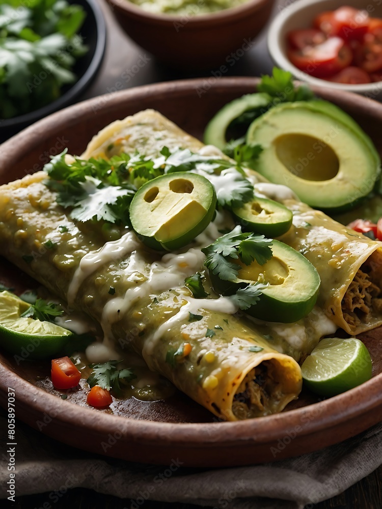 Wall mural mexican flat spicy beef enchiladas with vegetable on an old rustic wooden table. - Wall murals