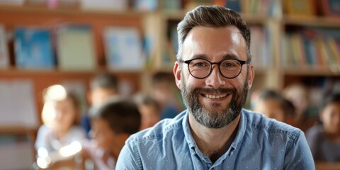 Happy male teacher with beard and glasses in classroom AIG51A.