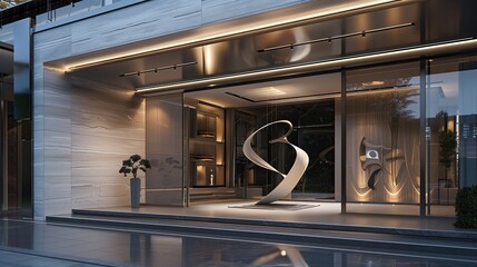 Sleek entrance with a kinetic wind sculpture and an automated sliding door