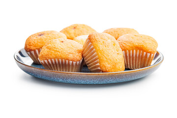 Magdalenas the typical spanish plain muffins on plate isolated on white background.