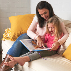 Mom, reading and girl with book in home for learning, storytelling and creative fantasy story. Kid,...