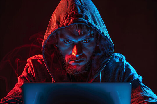 A mysterious hacker, cloaked in darkness, orchestrates cyber attacks with precision using a laptop, navigating the depths of the internet to breach data security.