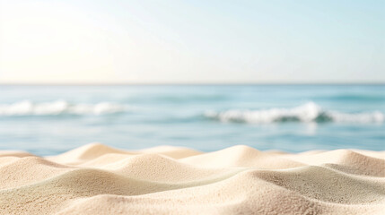 Panoramic view of a pristine white sand beach with blue sea, summer holiday. Waves gently lap the sandy shore.