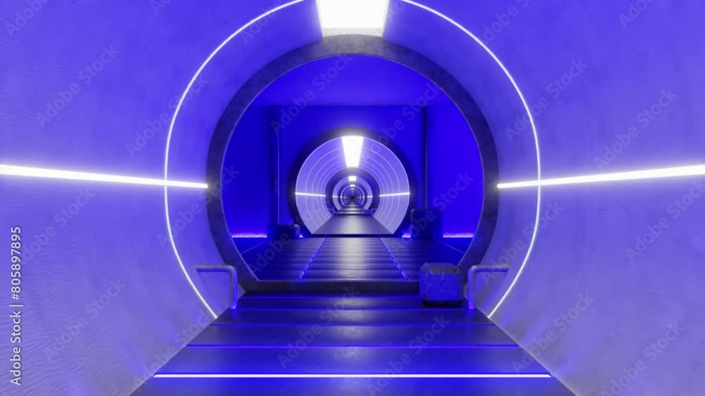 Poster 3d animation of futuristic tunnel sci-fi spaceship corridor with color neon light