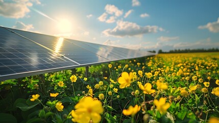 A photovoltaic solar panel field under the bright sun, with yellow flowers in front. It creates a sense of energy and environmental care. 