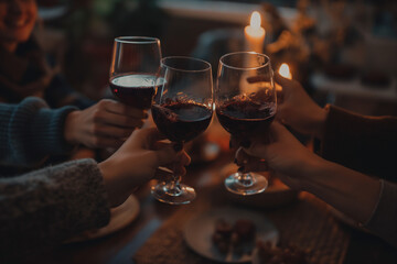 Obraz premium A group of friends toasting with red wine in glasses at home, warm lighting, evening time, low angle shot, dark background, focusing on the hands holding and clinking glasses together