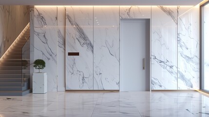 Sleek entrance with a seamless white marble wall and a concealed door