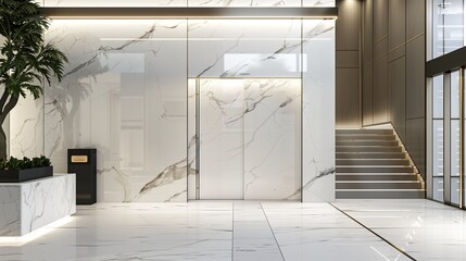 Sleek entrance with a seamless white marble wall and a concealed door