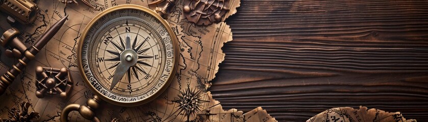 Vintage Nautical Compass on Wooden Table with Carved Nautical Symbols